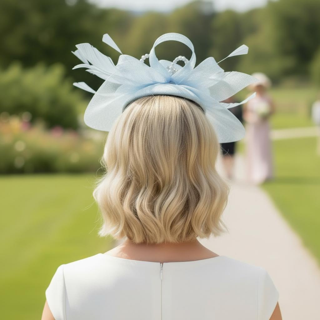 Woman wearing a light blue fascinator that has embellishments and a bespoke finish. Made by Signature Dress