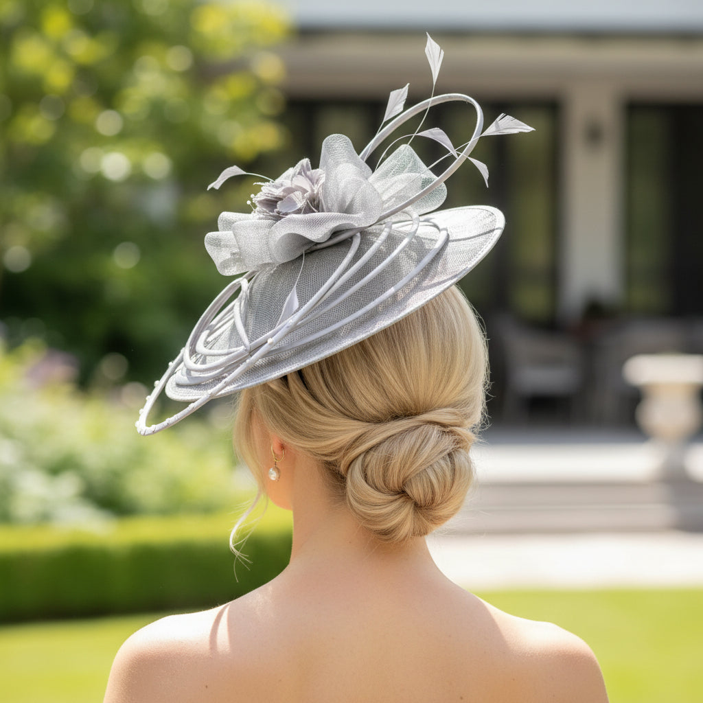 SC30 Silver mother of the bride fascinator. Signature Dress