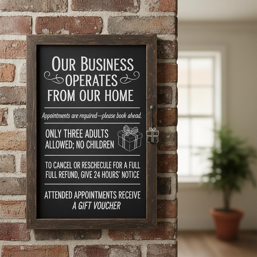 Our business operates from our home. Appointments are required—please book ahead. Only three adults allowed; no children. Signature Dress.