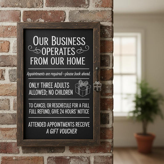Our business operates from our home. Appointments are required—please book ahead. Only three adults allowed; no children. Signature Dress.