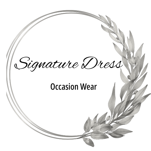 Logo for 'Signature Dress mother of the bride Occasion Wear' with decorative leaves on a white background