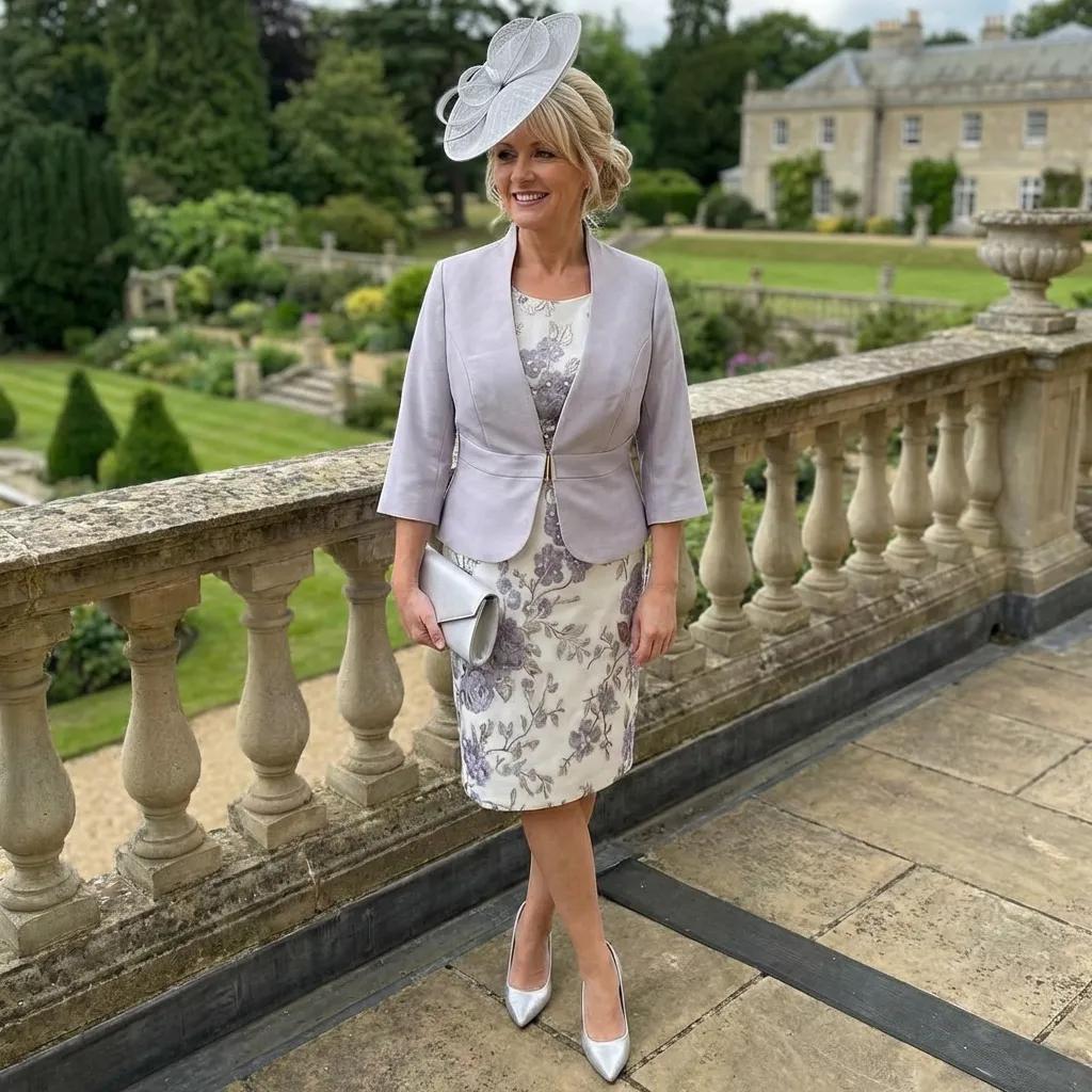 Woman in a Sonia Pena Silver formal mother of the bride outfit standing on a stone balcony with a garden and building in the background. Signature Dress.