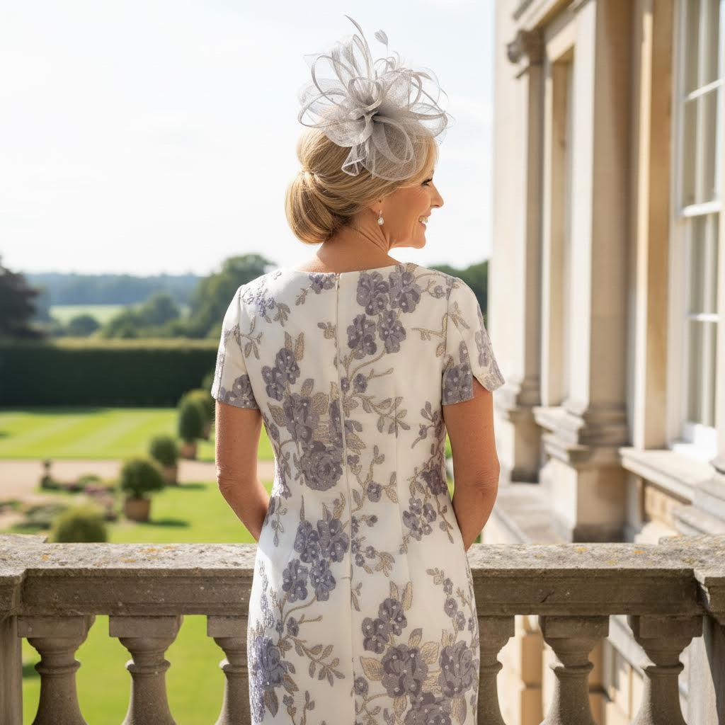 Woman in a Sonia Pena Silver formal mother of the bride outfit standing on a stone balcony with a garden and building in the background. Signature Dress.