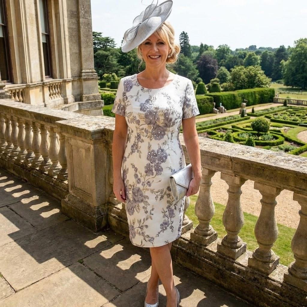 Woman in a Sonia Pena Silver formal mother of the bride outfit standing on a stone balcony with a garden and building in the background. Signature Dress.
