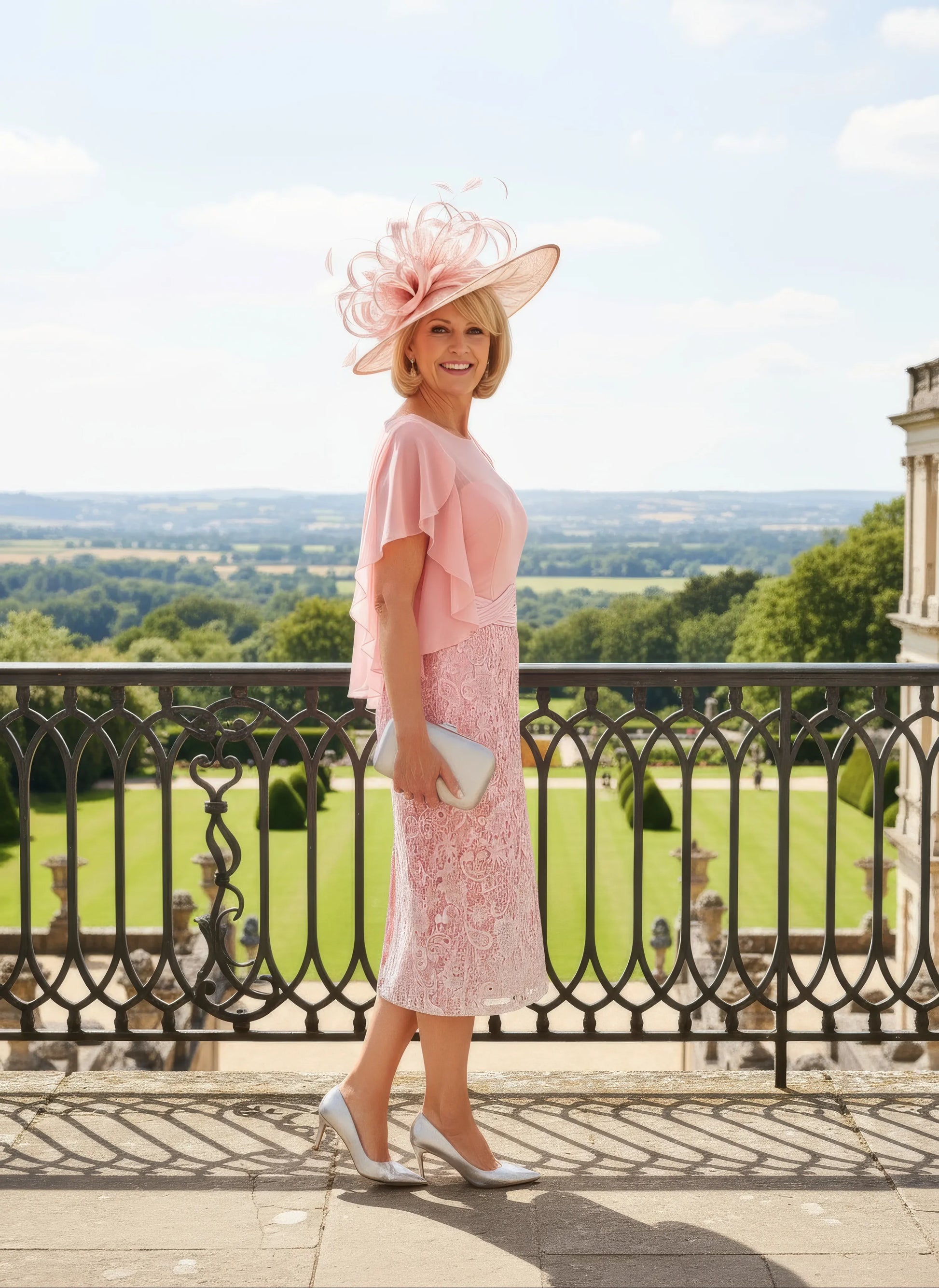 Woman in a ombre pink mother of the bride dress and pink fascinator standing on a balcony with a scenic view.