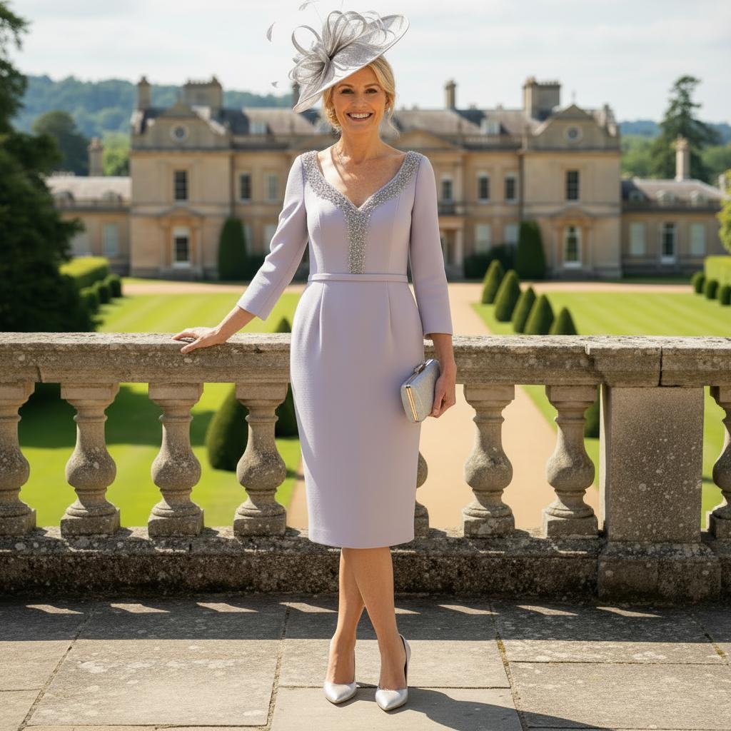 Woman in a Veni infantino Silver mother of the bride dress with a silver fascinator hat standing in front of a large building. Signature Dress.