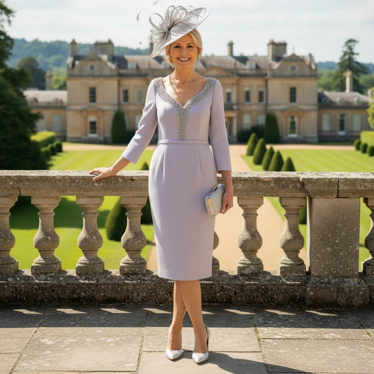 Woman in a Veni infantino Silver mother of the bride dress with a silver fascinator hat standing in front of a large building. Signature Dress.