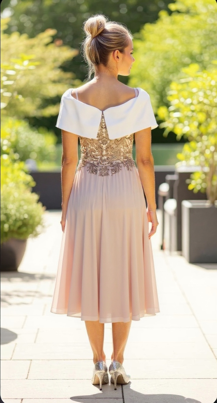 Woman wearing a two-tone dress with a white top and gold skirt in an outdoor setting.