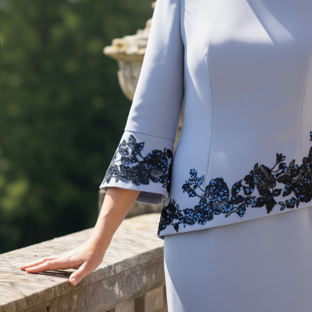 Woman in a light blue mother of the bride dress with navy floral lace by veni infantino - Signature Dress.