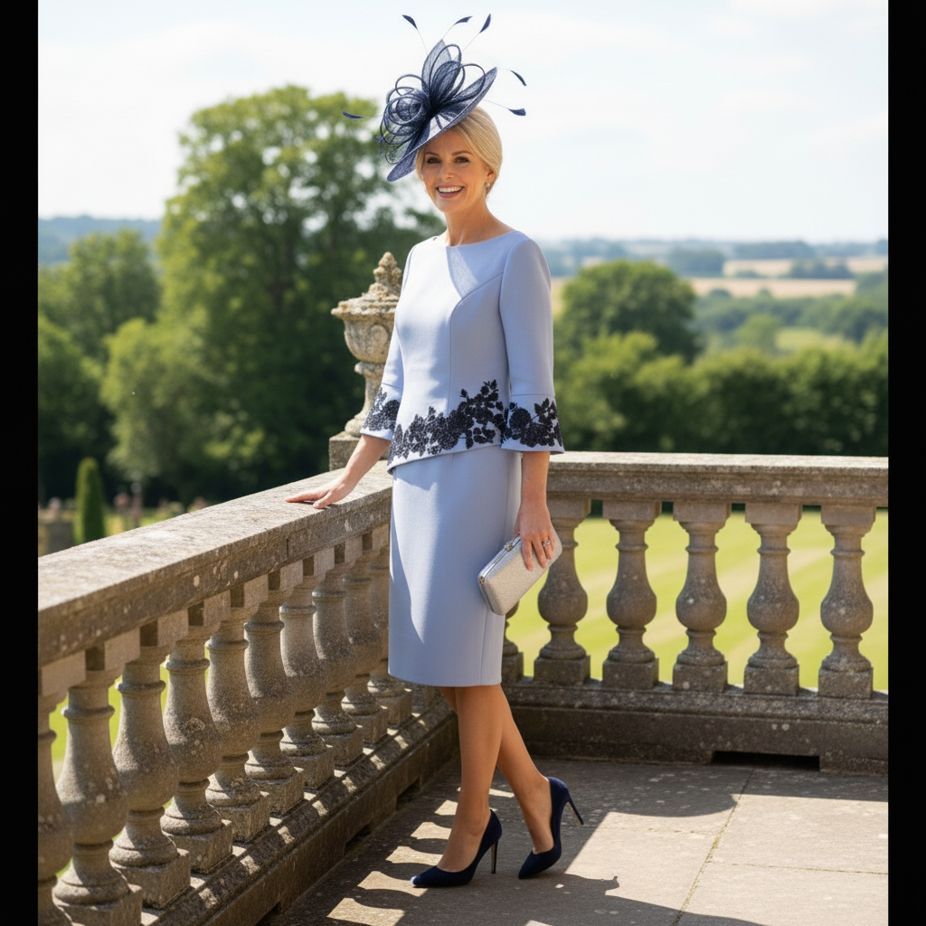 Woman in a light blue mother of the bride dress with navy floral lace by veni infantino - Signature Dress.