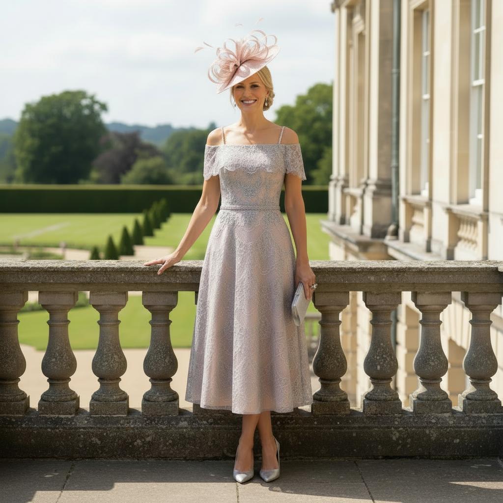 Stunning dress by Veni Infantino which would grace any wedding

Steel coloured lace with a blossom underlay

Jewelled straps with a lace drape which creates a sleeve

Semi full skirt with bead detail to waist