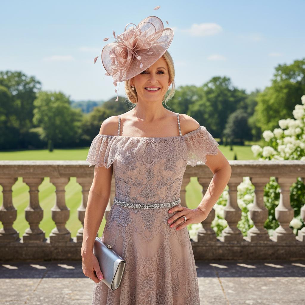 Stunning dress by Veni Infantino which would grace any wedding

Steel coloured lace with a blossom underlay

Jewelled straps with a lace drape which creates a sleeve

Semi full skirt with bead detail to waist