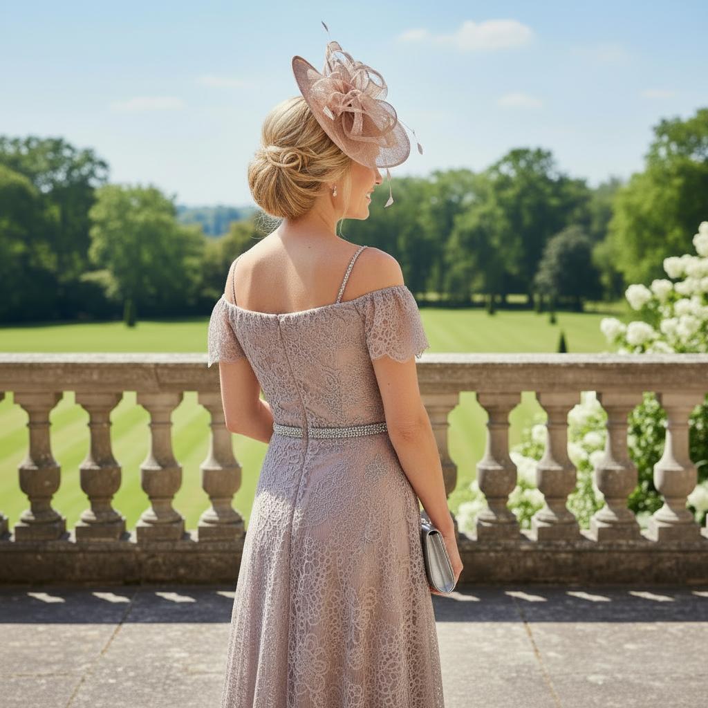 Stunning dress by Veni Infantino which would grace any wedding

Steel coloured lace with a blossom underlay

Jewelled straps with a lace drape which creates a sleeve

Semi full skirt with bead detail to waist