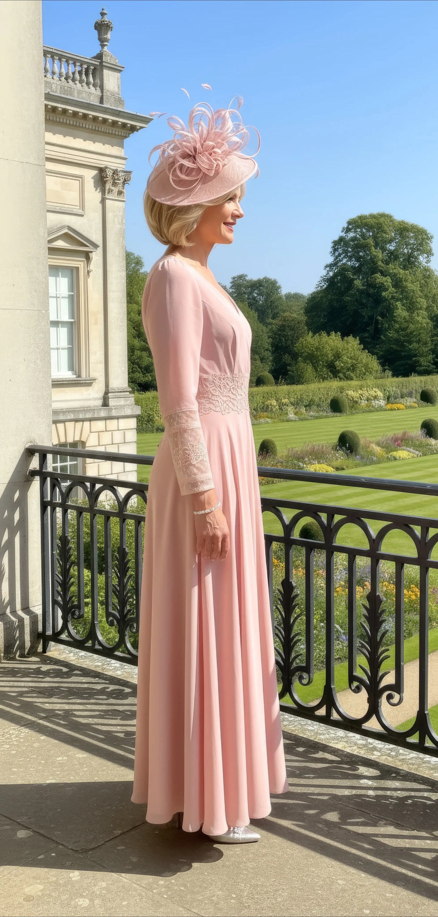 Woman in a pink veni infantino dress with a matching fascinator 