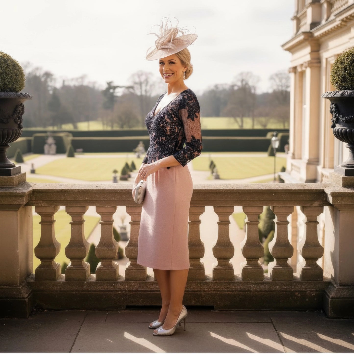 pink mother of the bride with navy lace and 3/4 sleeves