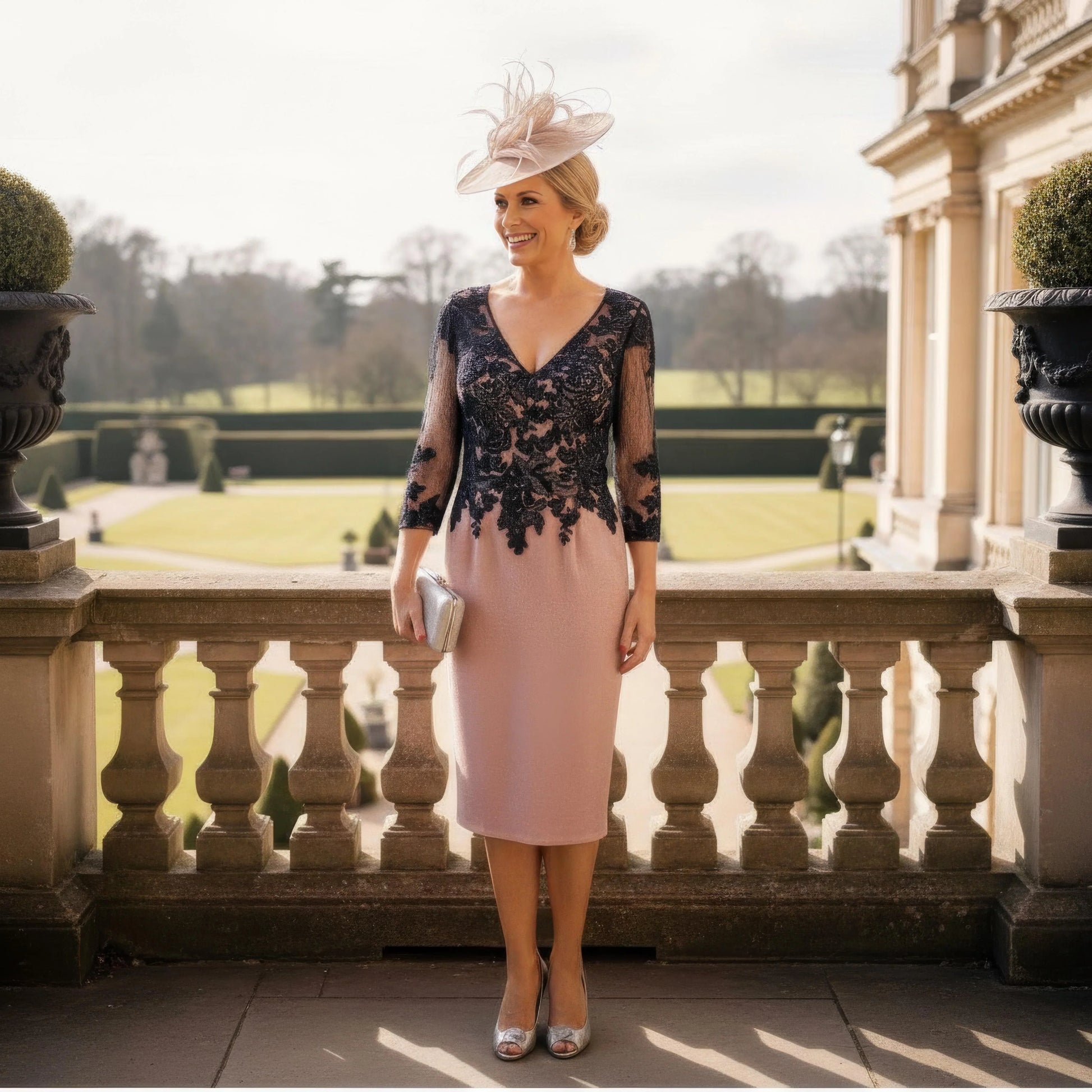 pink mother of the bride with navy lace and 3/4 sleeves