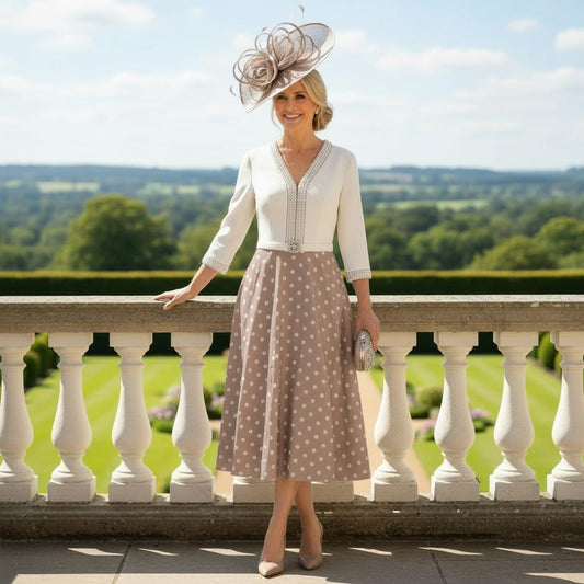 Woman wearing a Veni Infantino taupe pokerdot mother of the bride dress and matching taupe fascinator. Signature Dress.