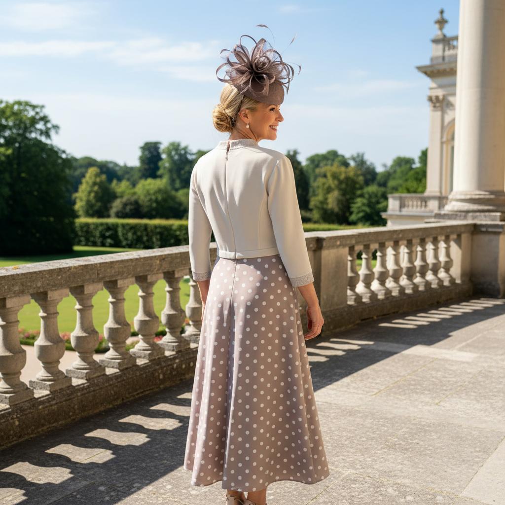 Woman wearing a Veni Infantino taupe pokerdot mother of the bride dress and matching taupe fascinator. Signature Dress.