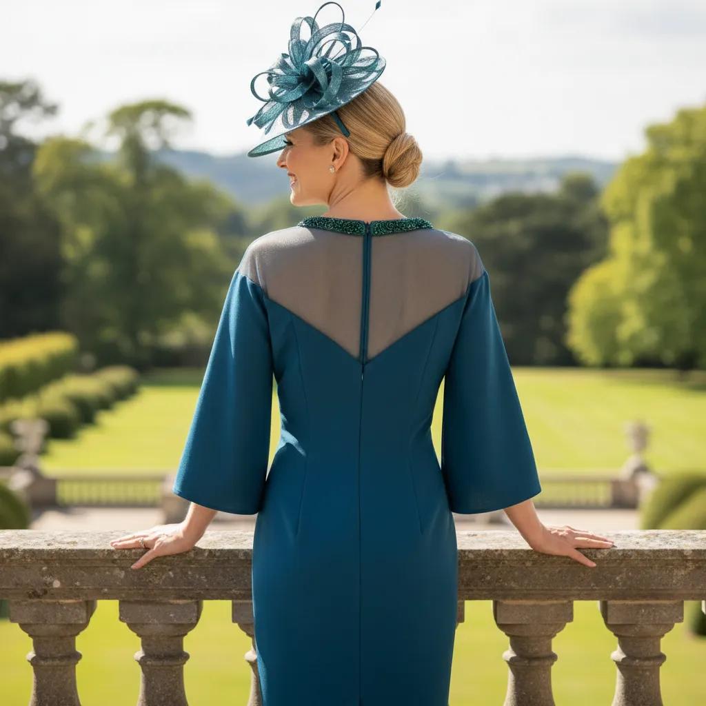 Woman in a Veni Infantino green mother of the bride dress with a matching green fascinator hat standing in front of a classical building. Signature Dress.