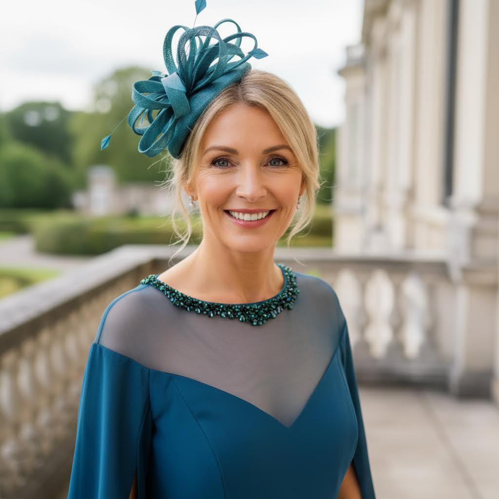 Woman in a Veni Infantino green mother of the bride dress with a matching green fascinator hat standing in front of a classical building. Signature Dress.