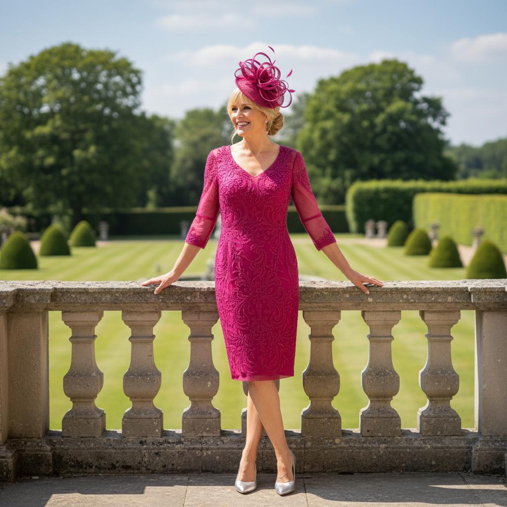 Woman in a Veni infantino pink mother of the bride dress and jacket she is wearing a pink fascinator hat standing on a stone balcony with greenery in the background. Signature Dress.