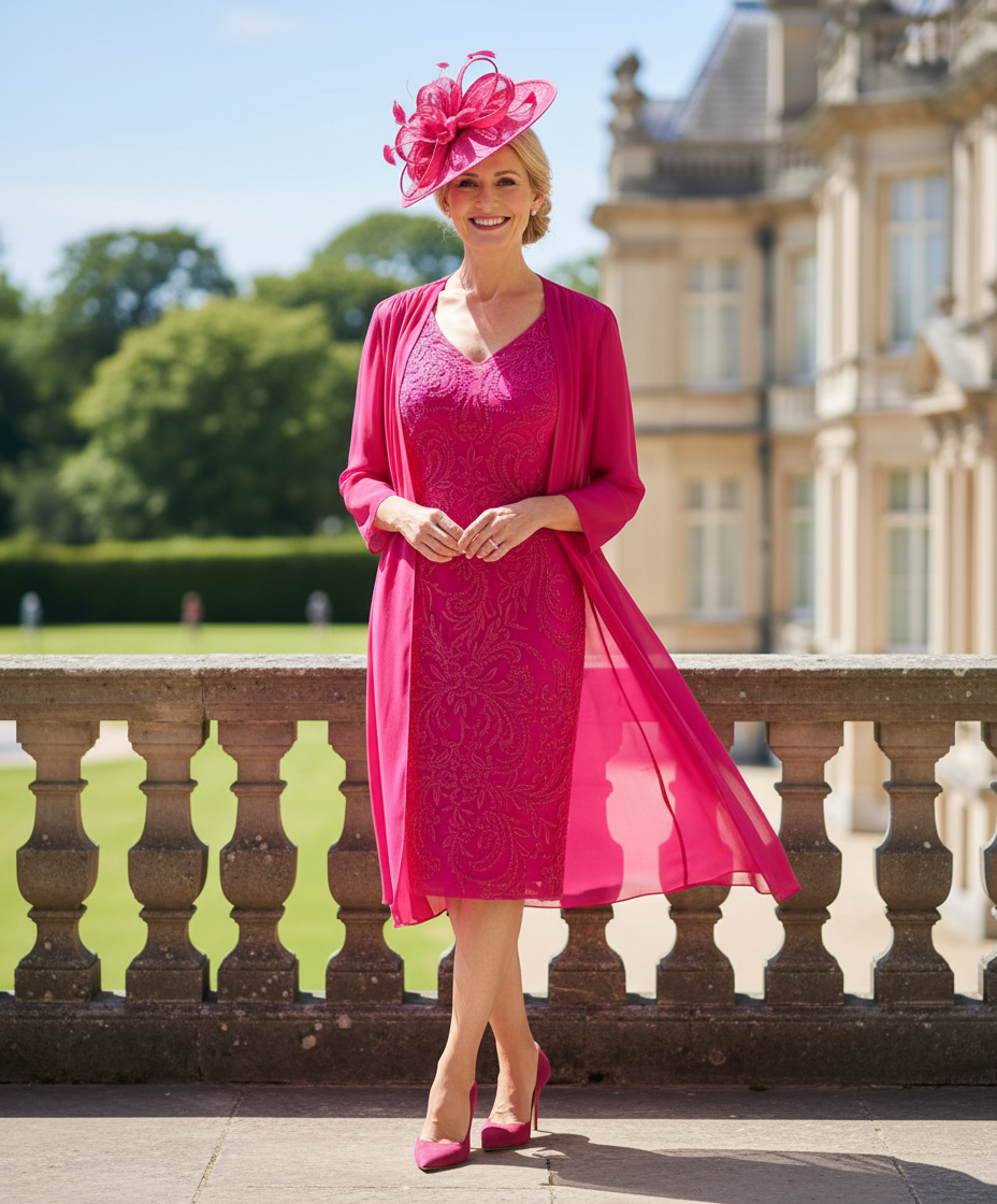 Woman in a Veni infantino pink mother of the bride dress and jacket she is wearing a pink fascinator hat standing on a stone balcony with greenery in the background. Signature Dress.