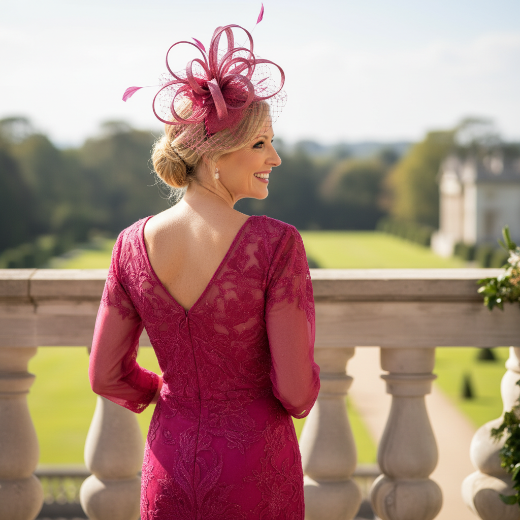 Woman in a Veni infantino pink mother of the bride dress and jacket she is wearing a pink fascinator hat standing on a stone balcony with greenery in the background. Signature Dress.