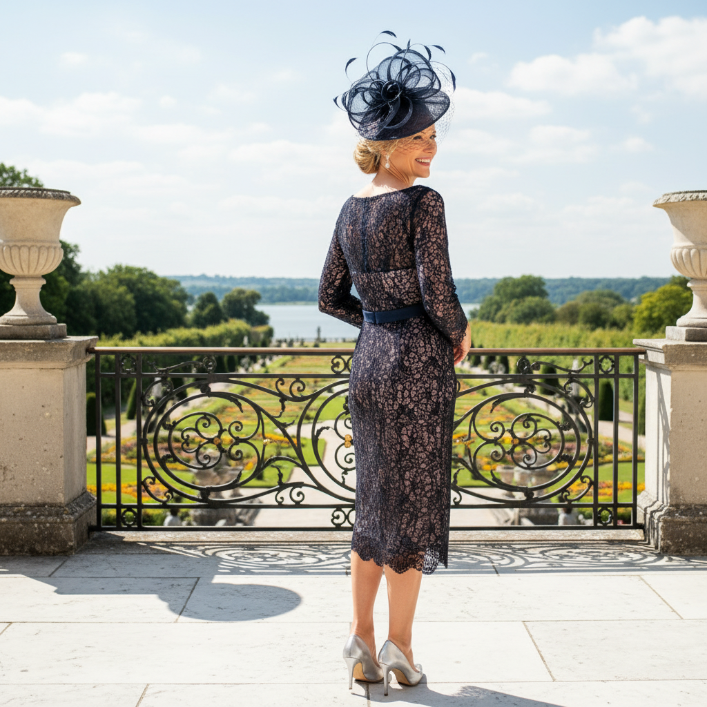 Woman in a Veni Infantino Navy mother of the bride dress and a navy disc fascinator standing on a stone balcony with a building and garden in the background. Signature Dress