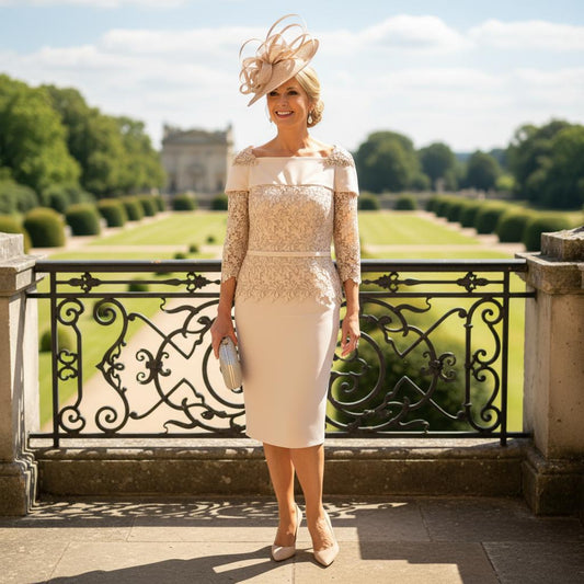Woman in a beige VENI INFANTINO  dress and hat. Signature Dress