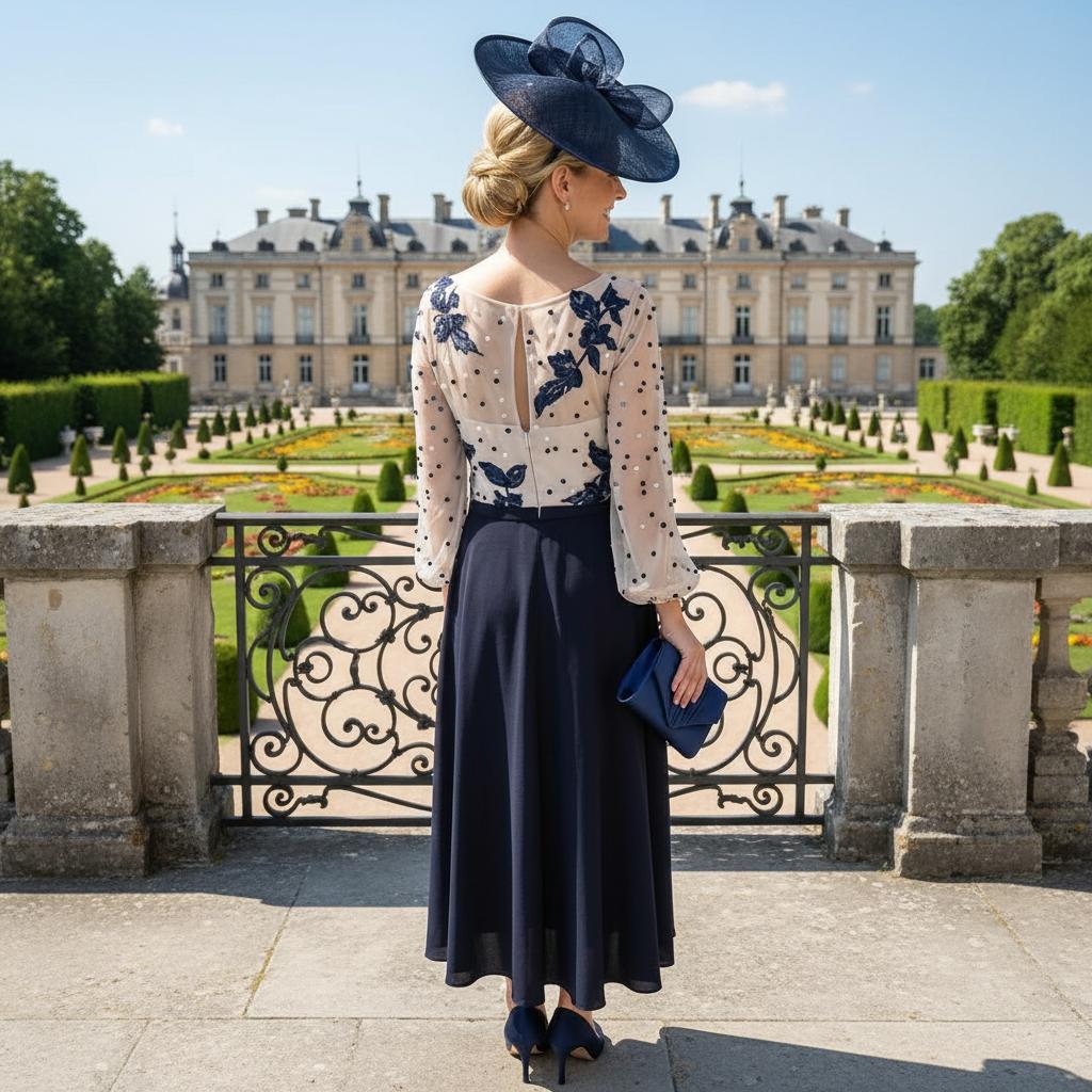 Woman in a formal attire which is a Veni Infantino Navy mother of the bride dress and navy fascinator. Signature Dress.