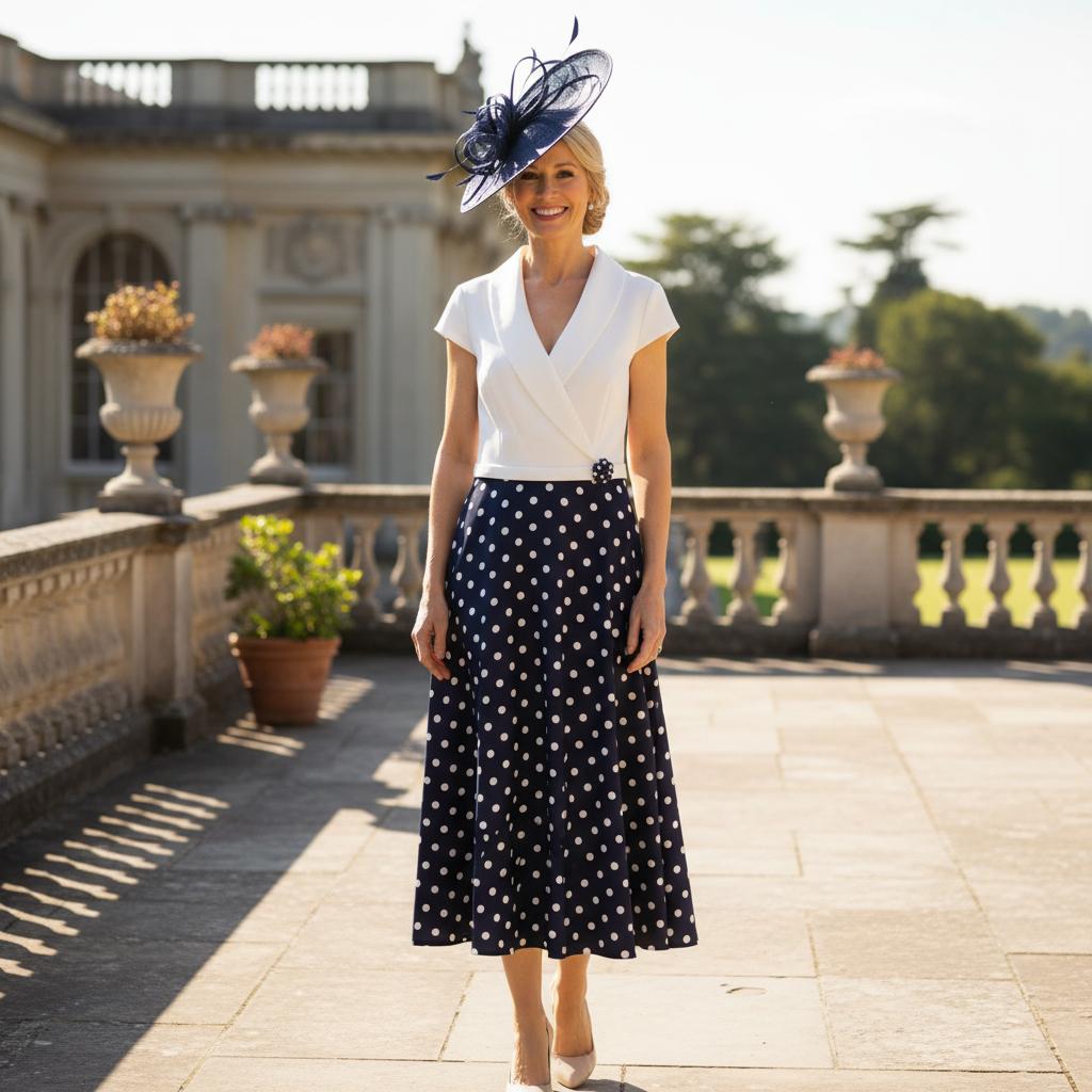 Woman in a Veni Infantino navy polka dot mother of the bride dress with a navy fascinator hat standing on a stone patio. Signature Dress.