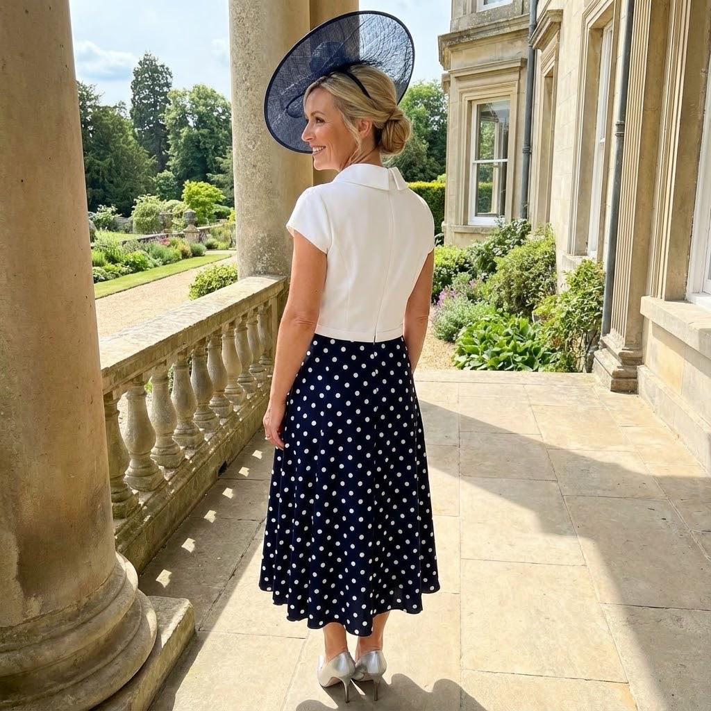 Woman in a Veni Infantino navy polka dot mother of the bride dress with a navy fascinator hat standing on a stone patio. Signature Dress.