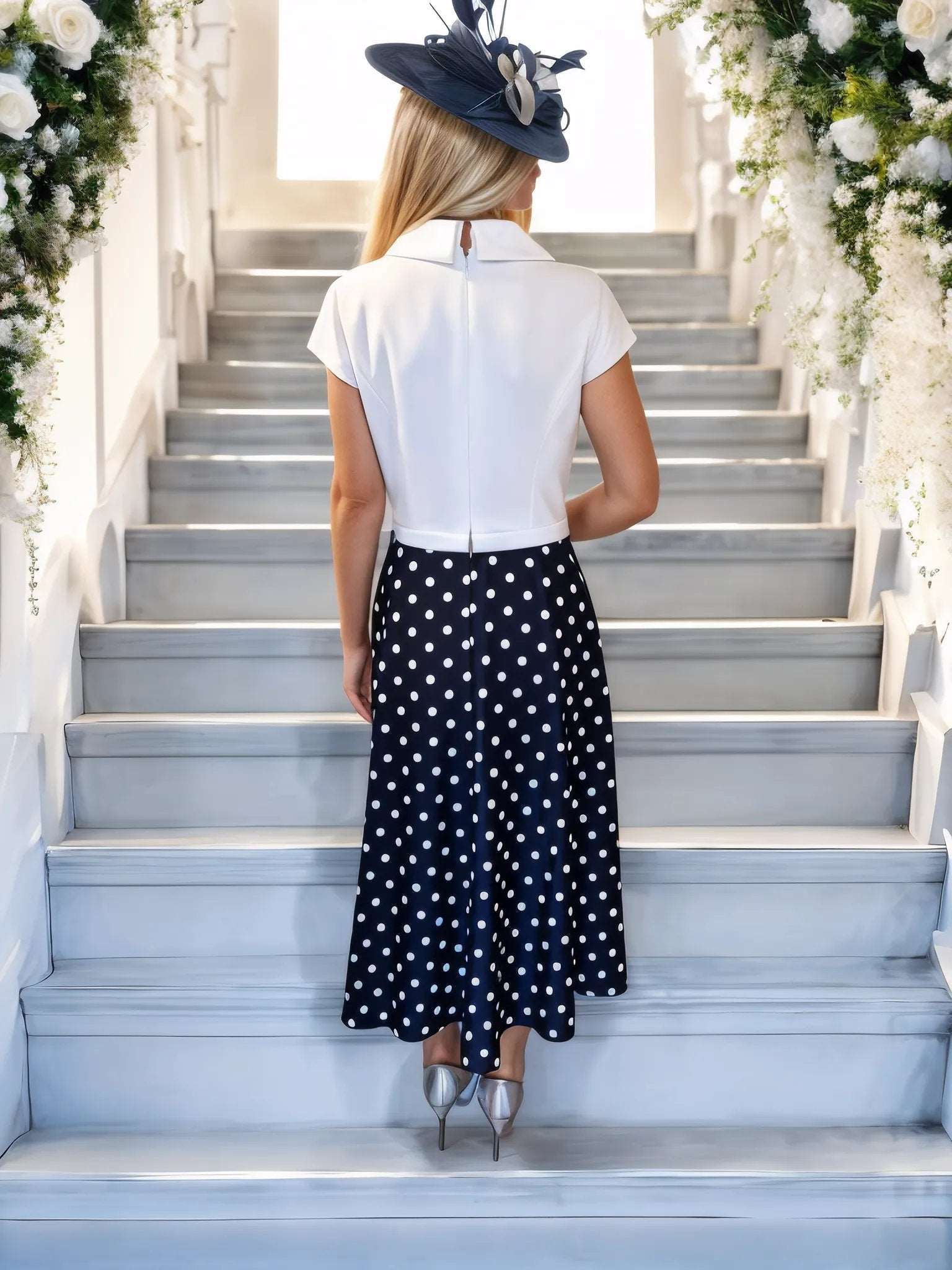 Veni Infantino Navy poker dot Dress is a stunning choice for the Mother of the bride. tea dress, The full skirt is an ideal choice for any special occasion.