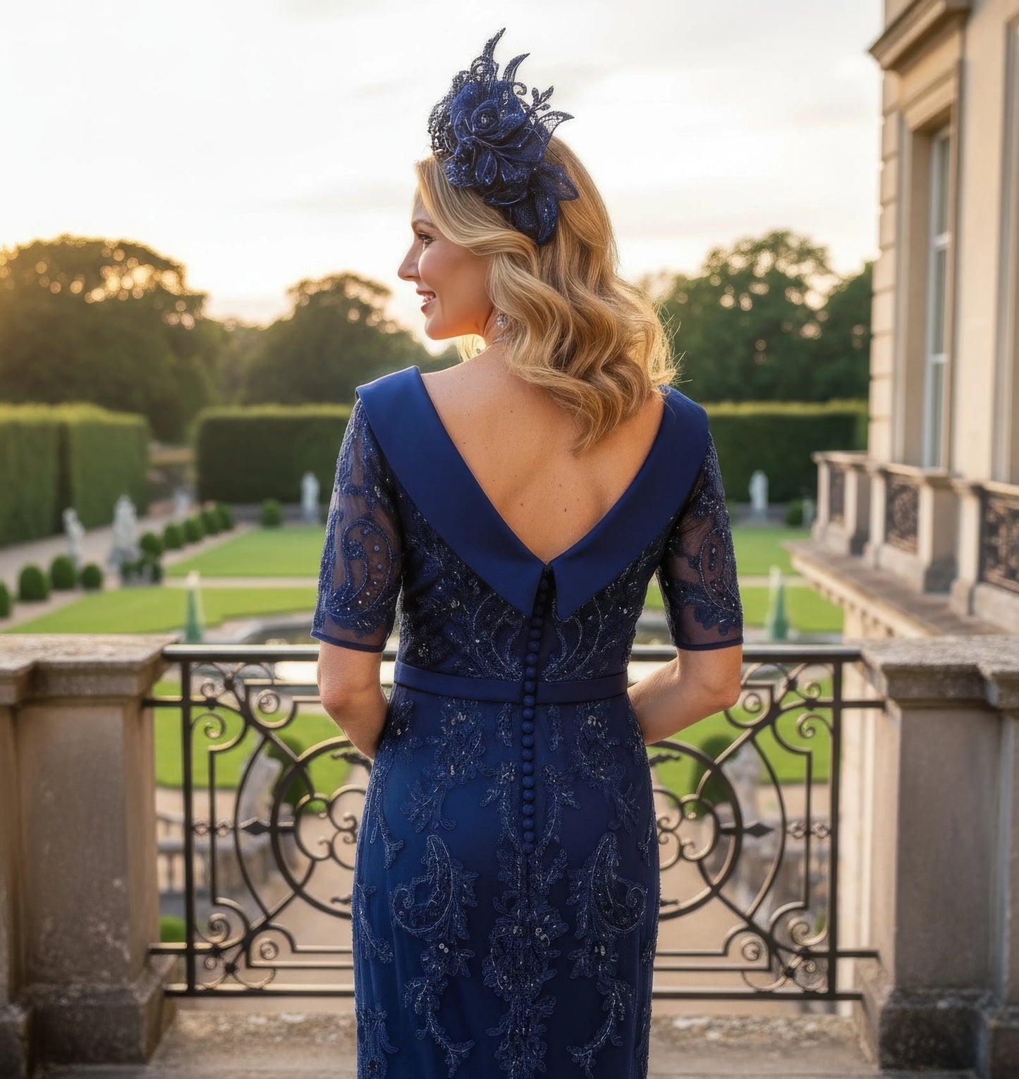 Woman in a navy Veni Infantino dress with lace details standing on a balcony with a scenic background