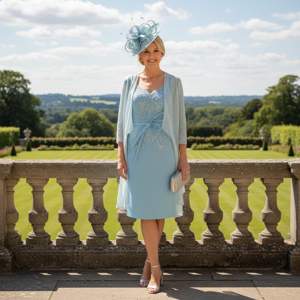Woman in a veni infantino light blue mother of the bride dress with a matching chiffon jacket standing in front of a scenic landscape. Signature Dress