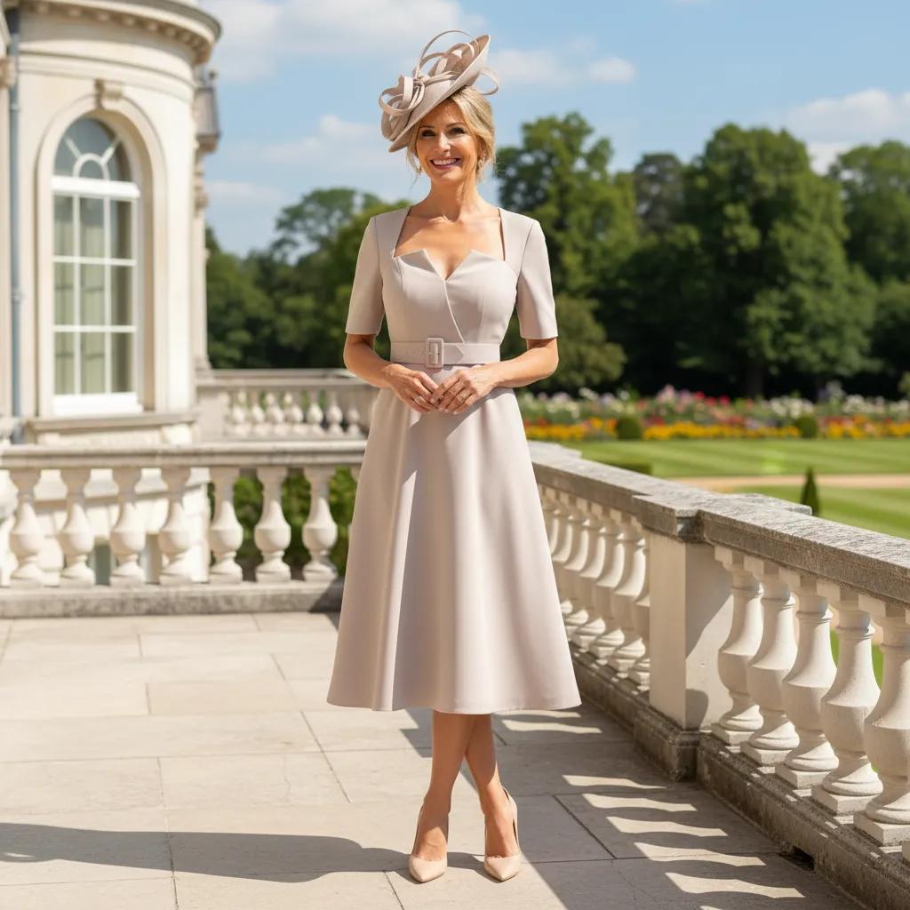 Woman in a Veni Infantino taupe aline mother of the bride dress and matching taupe fascinator hat standing in a formal garden setting. Signature Dress
