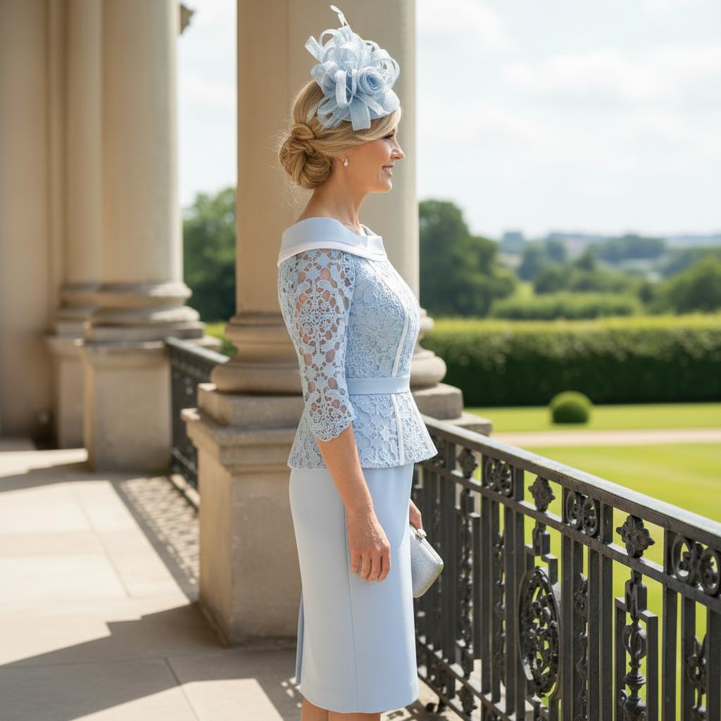 Woman in a veni infantino light blue lace mother of the bride dress and light blue fascinator standing on a balcony with a garden view. Signature Dress.