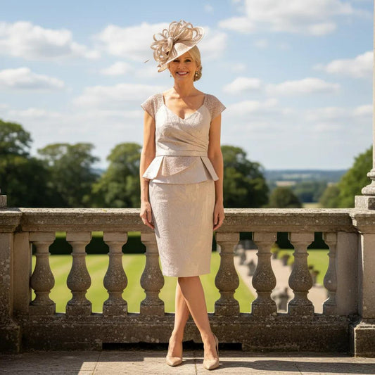 Woman in a veni infantino beige mother of the bride dress and beige fascinator hat standing on a stone balcony with a scenic background. Signature Dress.