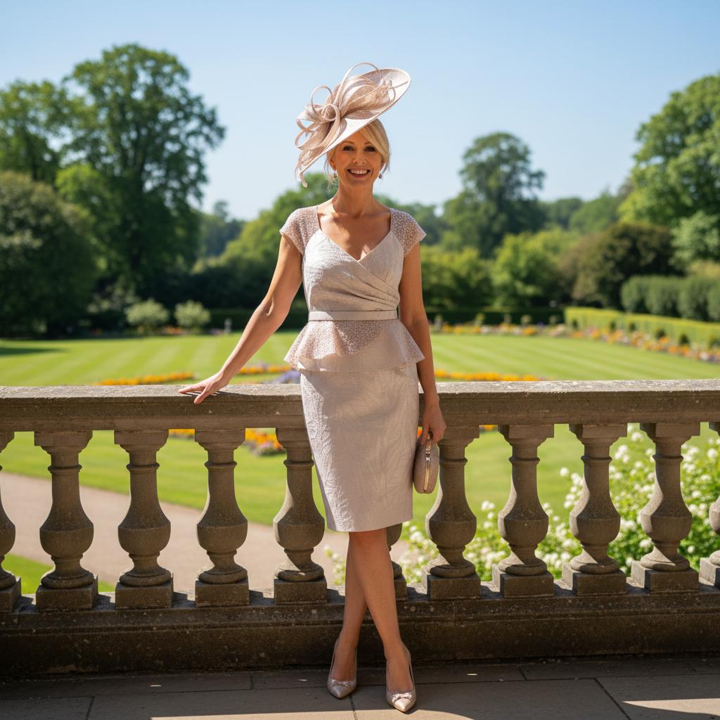 Woman in a veni infantino beige mother of the bride dress and beige fascinator hat standing on a stone balcony with a scenic background. Signature Dress.