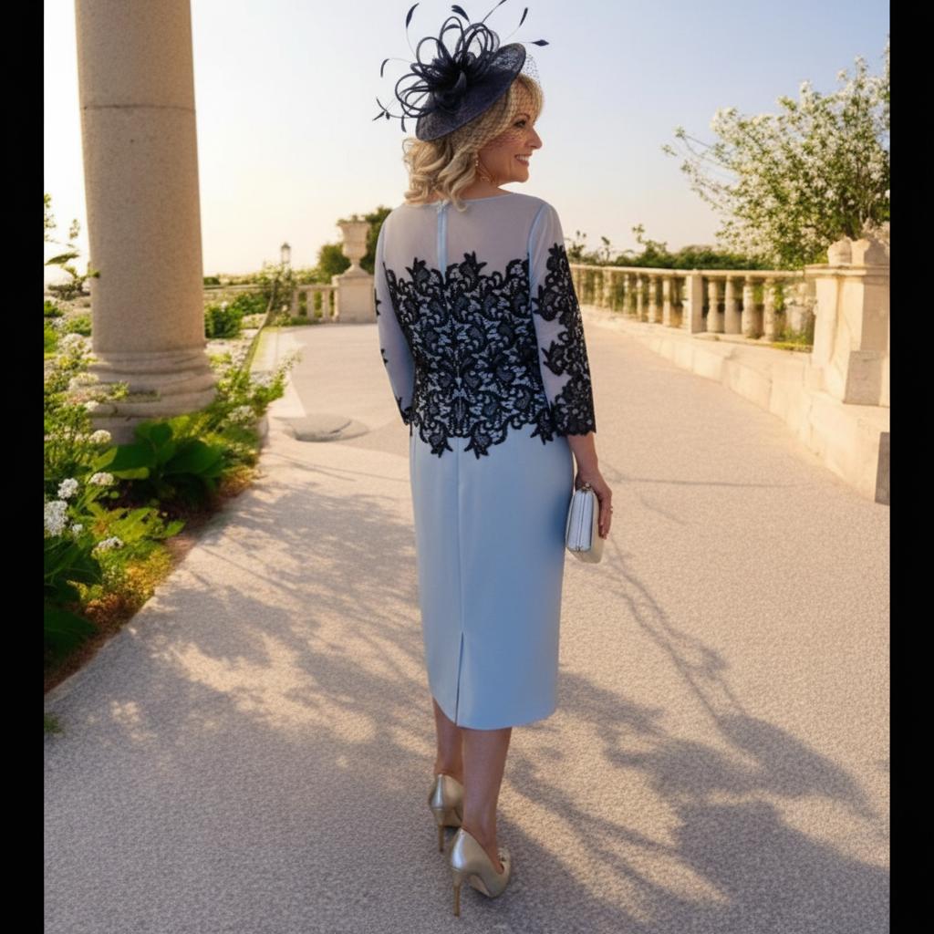 Woman in elegant light blue mother of the bride outfit with navy lace top by Veni Infantino. Signature Dress