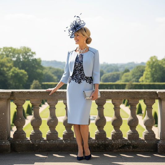 Woman in elegant light blue mother of the bride outfit with navy lace top by Veni Infantino. Signature Dress