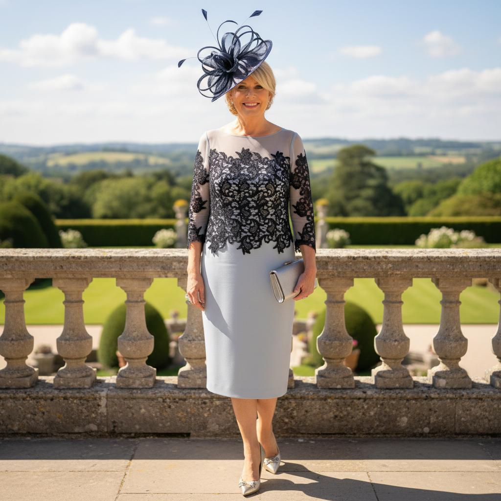 Woman in elegant light blue mother of the bride outfit with navy lace top by Veni Infantino. Signature Dress