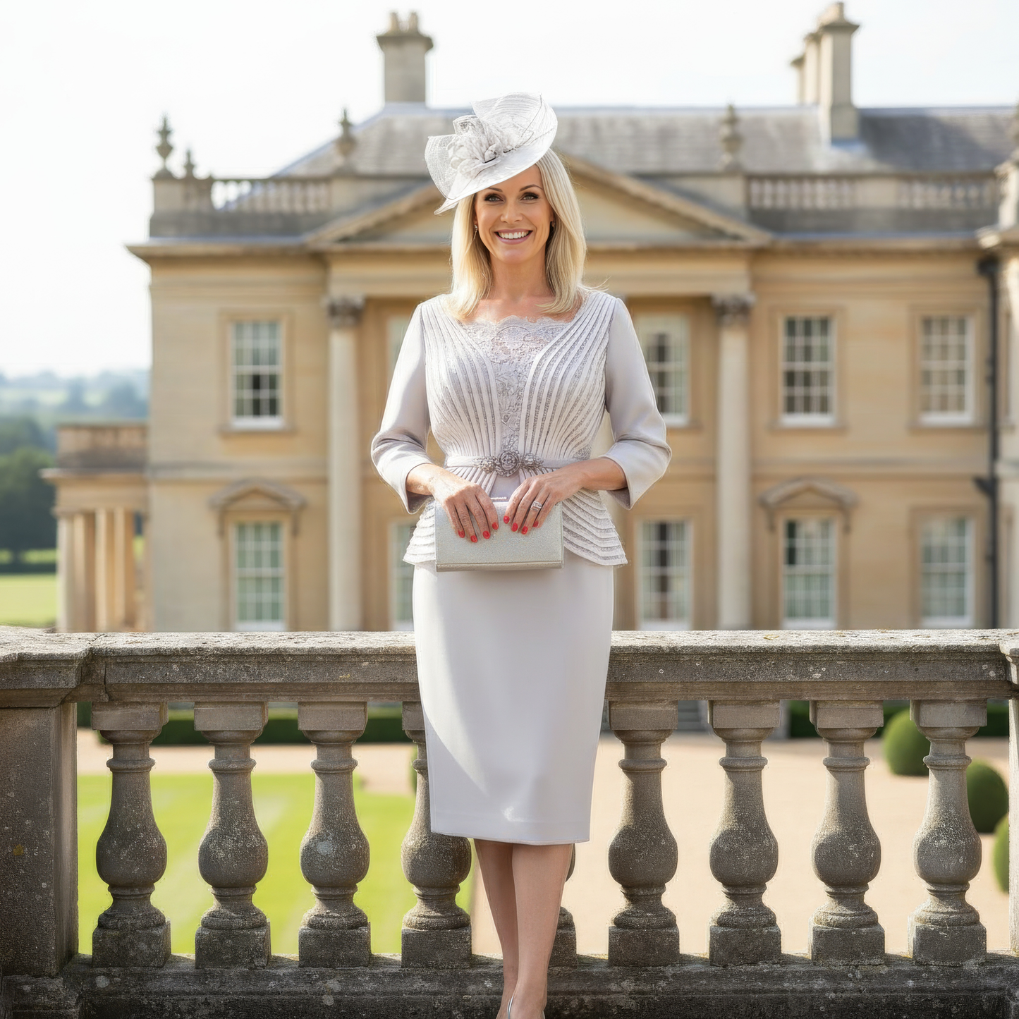 Woman in elegant veni infantino silver outfit standing on a balcony with a scenic background - Signature Dress