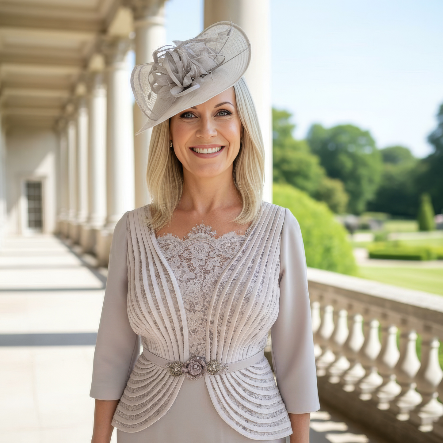 Woman in elegant veni infantino silver outfit standing on a balcony with a scenic background - Signature Dress