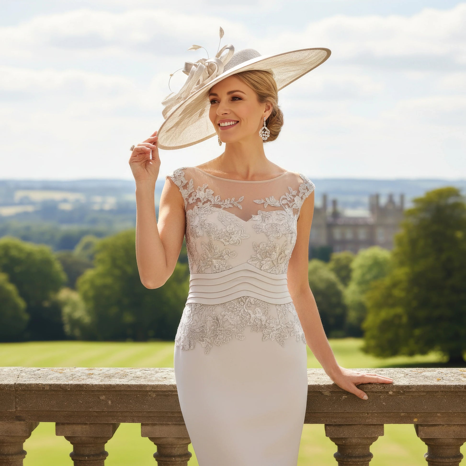 Woman in formal attire veni infantino dress suit in pale taupe with a hat standing in a garden setting