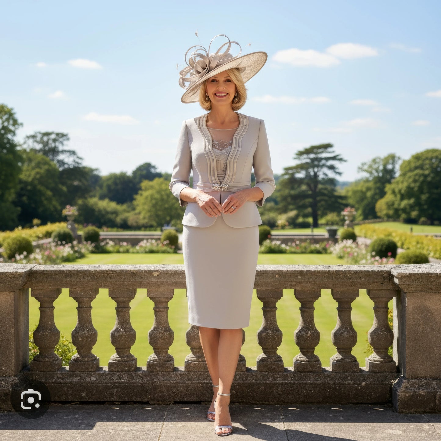 Woman in formal attire veni infantino dress suit in pale taupe with a hat standing in a garden setting