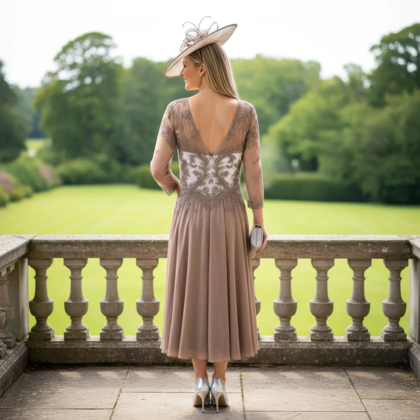 taupe mother of the bride with 3/4 lace sleeves