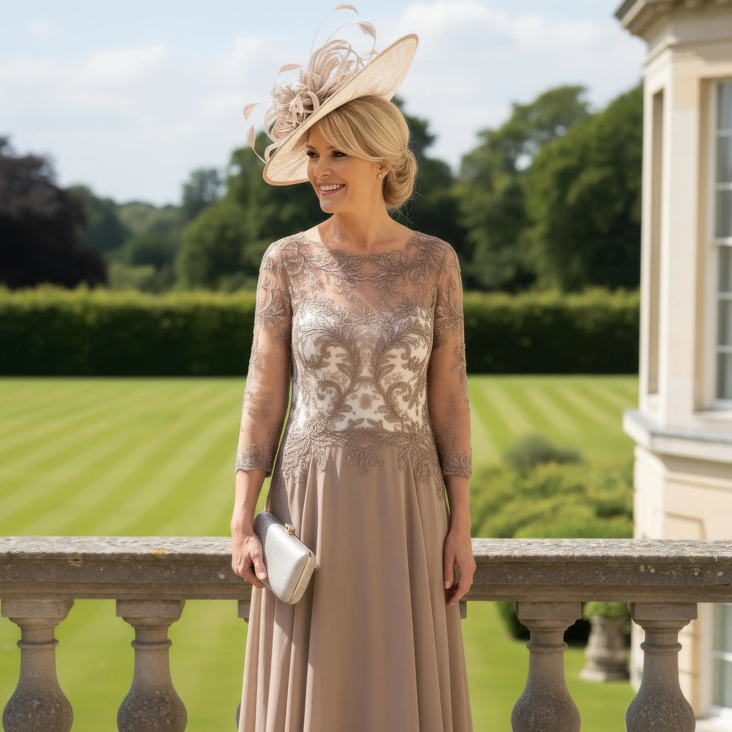 taupe mother of the bride with 3/4 lace sleeves