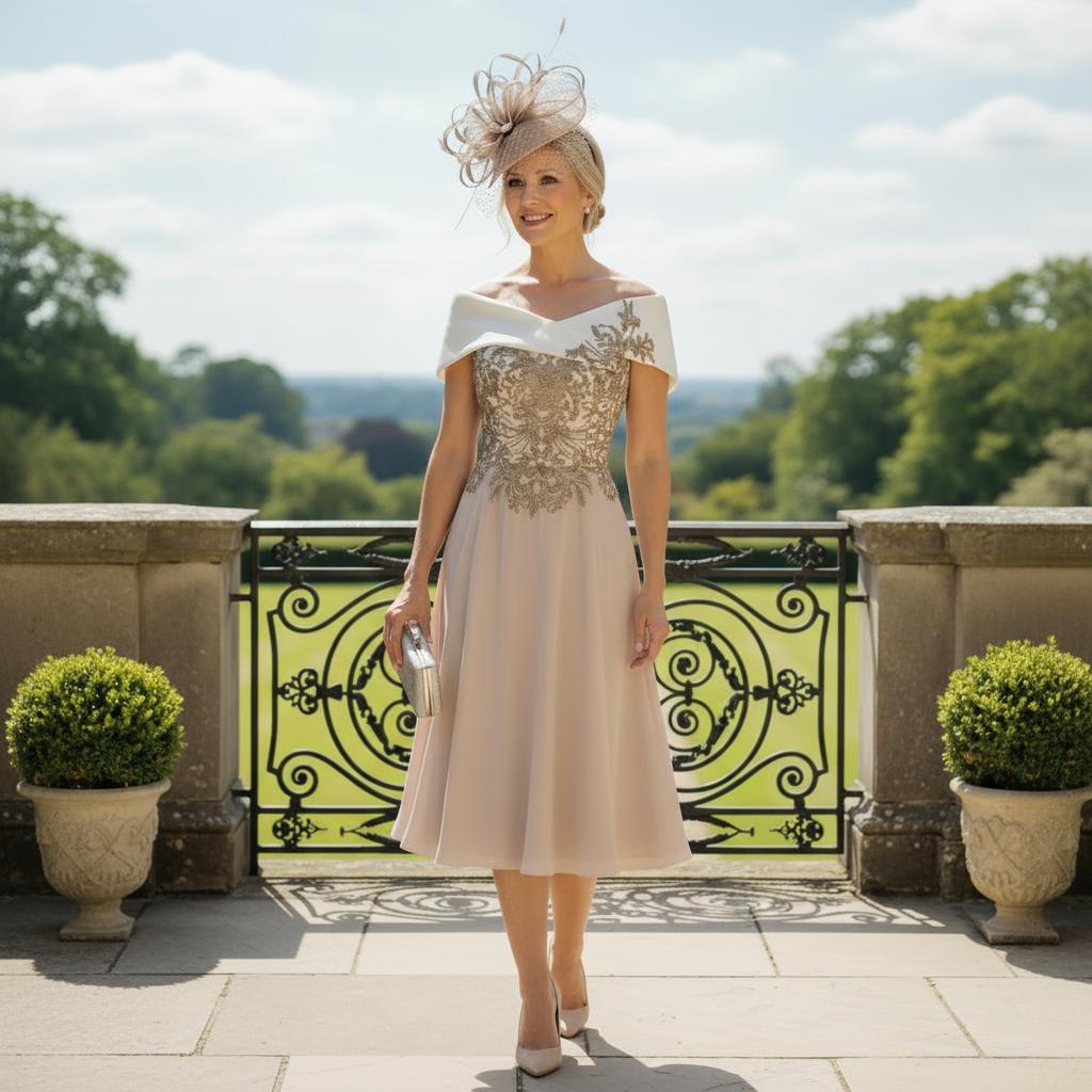 Woman in an elegant veni infantino taupe mother of the bride bardot dress with a decorative hat standing on a balcony with a scenic background. Signature Dress.