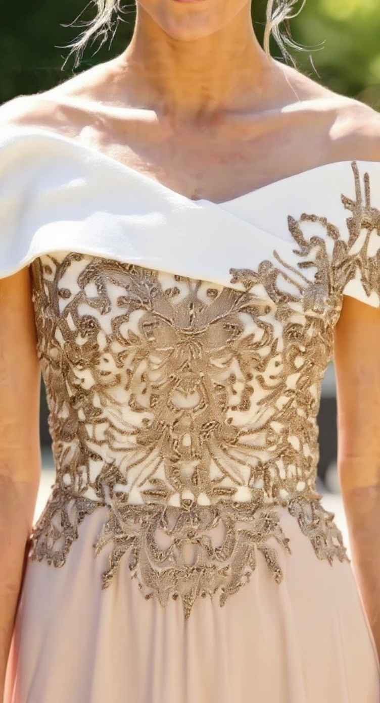 Close-up of a white dress with gold lace detailing